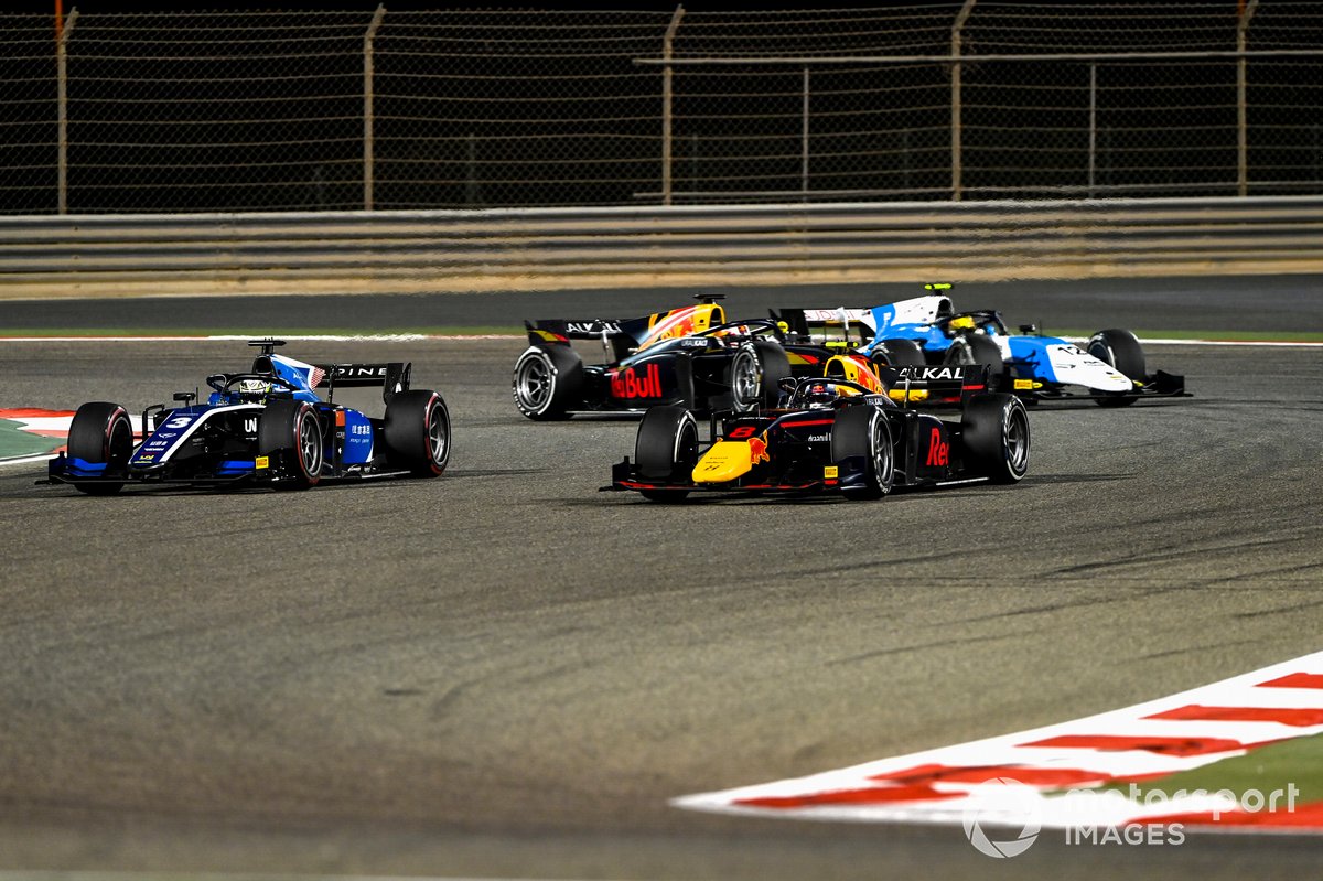 Juri Vips, Hitech Grand Prix, leads Guanyu Zhou, Uni-Virtuosi Racing, Jehan Daruvala, Carlin, and Lirim Zendeli, MP Motorsport