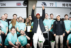 Lewis Hamilton, Mercedes AMG, celebrates with his team after the race