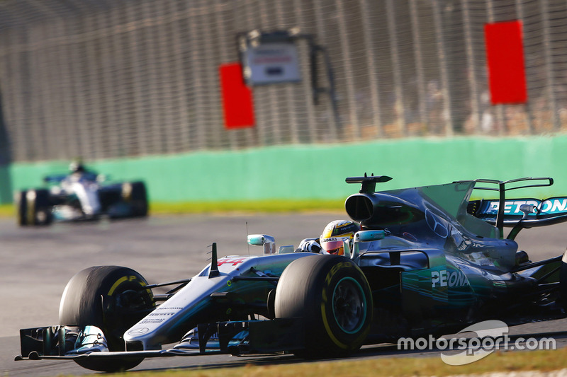 Lewis Hamilton, Mercedes AMG F1 W08, leads Valtteri Bottas, Mercedes AMG F1 W08