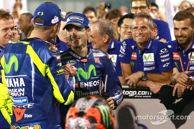 Race winner Maverick Viñales, Yamaha Factory Racing, third place Valentino Rossi, Yamaha Factory Rac