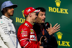 Sebastian Vettel, Ferrari, 1st Position, is interviewed by Mark Webber on the podium