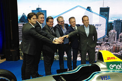 (L-R) Nelson Piquet Jr., NEXTEV TCR Formula E Team, Alejandro Agag, CEO of Formula E, Denis Coderre,