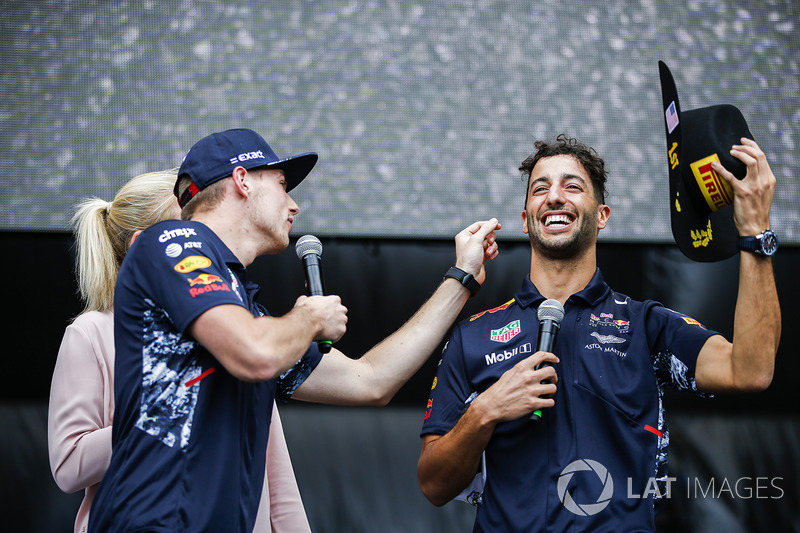 Max Verstappen, Red Bull, Daniel Ricciardo, Red Bull Racing, on the F1 stage