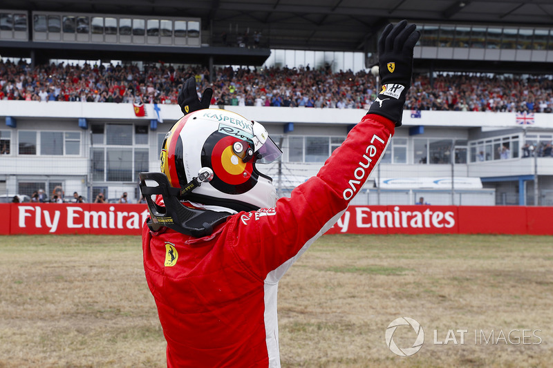 Sebastian Vettel, Ferrari, celebrates his pole position