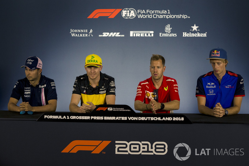 Sergio Perez, Force India, Nico Hulkenberg, Renault Sport F1 Team, Sebastian Vettel, Ferrari et Pierre Gasly, Scuderia Toro Rosso, en conférence de presse