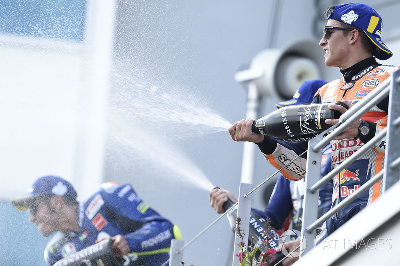 Le podium du GP d'Allemagne 2018 : 1er Marc Márquez, 2e Valentino Rossi, 3e Maverick Viñales