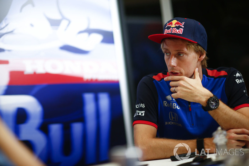 Brendon Hartley, Toro Rosso., talks to the press