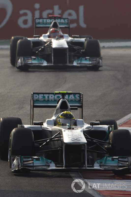 Nico Rosberg, Mercedes GP W02, leads Michael Schumacher, Mercedes GP W02