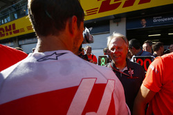 Romain Grosjean, Haas F1 Team, Gene Haas, Team Owner, Haas F1, and the Haas F1 team celebrate the team's best finish yet
