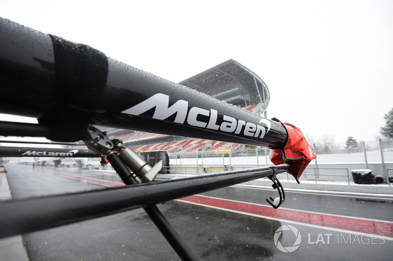 McLaren pit box as snow stops testing on day three