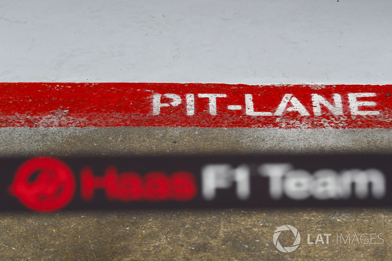 A pit-lane decal, outside of the Haas F1 Team garage