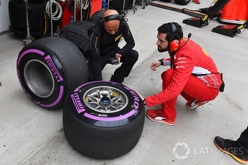 Ferrari and Pirelli engineers with Pirelli tyres