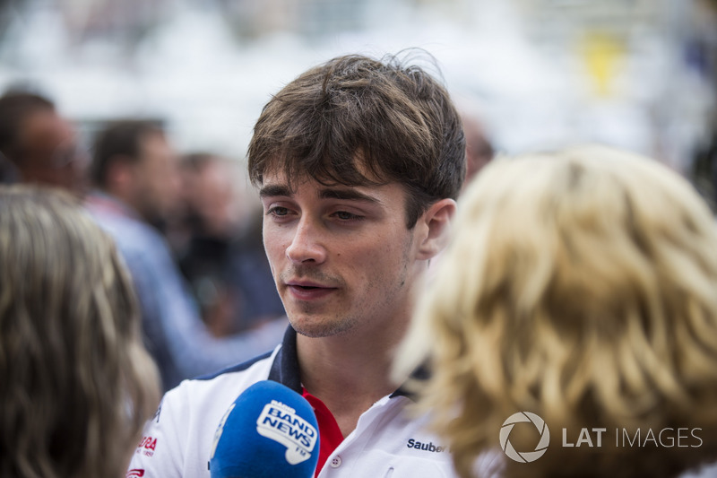 Charles Leclerc, Sauber talks with the media