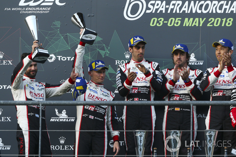 LMP1 podium: #7 Toyota Gazoo Racing Toyota TS050: Mike Conway, Jose Maria Lopez, Kamui Kobayashi, #8 Toyota Gazoo Racing Toyota TS050: Sébastien Buemi, Kazuki Nakajima, Fernando Alonso