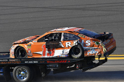 Daniel Suarez, Joe Gibbs Racing Toyota shows damage after a crash