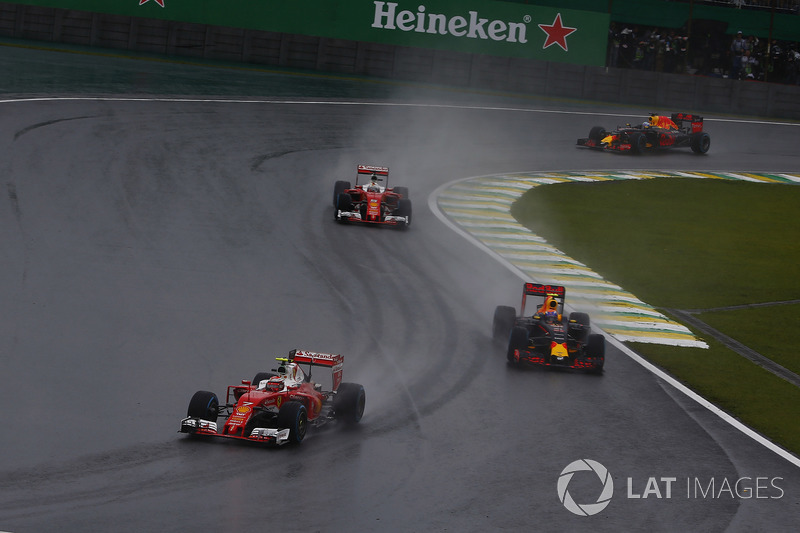 Kimi Raikkonen, Ferrari SF16-H, leads Max Verstappen, Red Bull Racing RB12, Sebastian Vettel, Ferrar