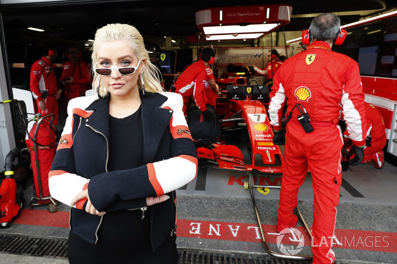 Singer Christina Aguilera visits the Ferrari garage