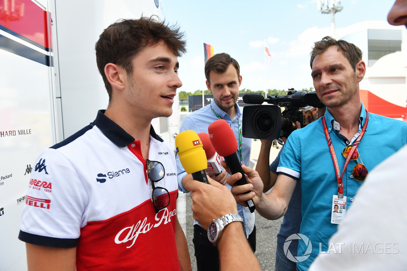 Charles Leclerc, Sauber talks with the media