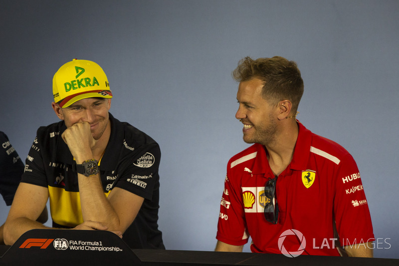 Nico Hulkenberg, Renault Sport F1 Team and Sebastian Vettel, Ferrari in the Press Conference