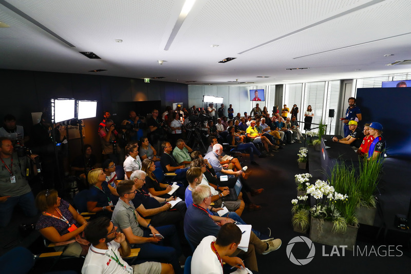 Sergio Perez, Force India, Nico Hulkenberg, Renault Sport F1 Team, Sebastian Vettel, Ferrari, and Brendon Hartley, Toro Rosso, face the media in the Press conference