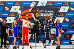 Podium: race winner Craig Lowndes, Triple Eight Race Engineering Holden, second place Scott McLaughlin, DJR Team Penske Ford, third place Jamie Whincup, Triple Eight Race Engineering Holden