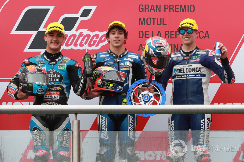 Second place Aron Canet, Estrella Galicia 0,0, Race winner Marco Bezzecchi, Prustel GP, Third place Fabio Di Giannantonio, Del Conca Gresini Racing Moto3