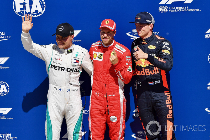 Valtteri Bottas, Mercedes-AMG F1, Sebastian Vettel, Ferrari and Max Verstappen, Red Bull Racing cele