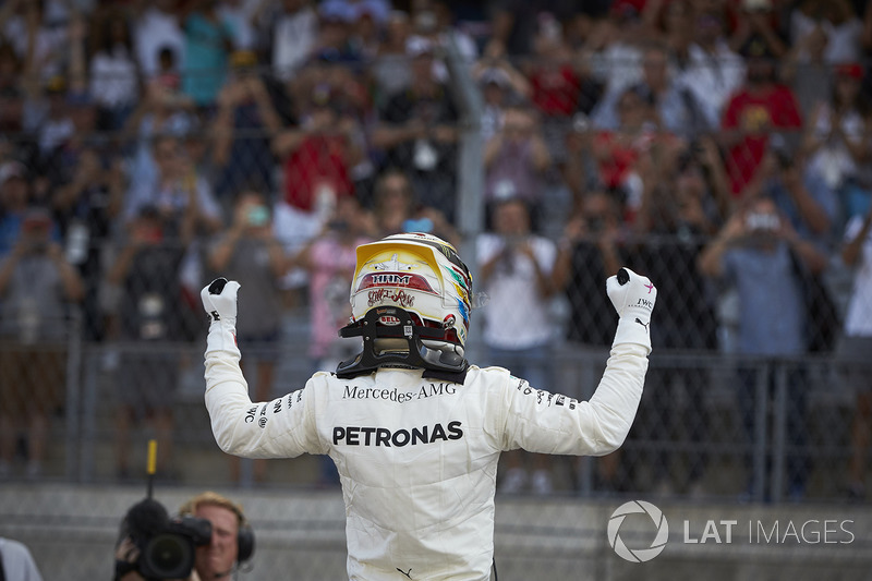 Lewis Hamilton, Mercedes AMG F1, celebrates after securing pole position