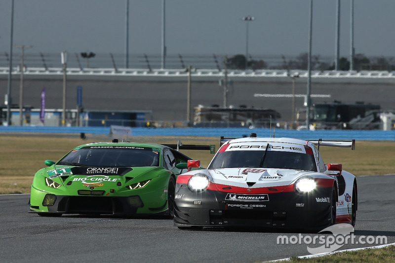 #911 Porsche Team North America Porsche 911 RSR, GTLM: Patrick Pilet, Nick Tandy, Frédéric Makowiecki, #11 GRT Grasser Racing Team Lamborghini Huracan GT3, GTD: Rolf Ineichen, Mirko Bortolotti, Franck Perera, Rik Breukers