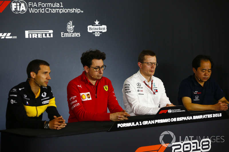 Remi Taffin, Director of Operations, Renault Sport F1, Mattia Binotto, Chief Technical Officer, Ferrari, Andy Cowell, Managing Director, HPP, Mercedes AMG, and Toyoharu Tanabe, F1 Technical Director, Honda, in the Team Principals Press Conference