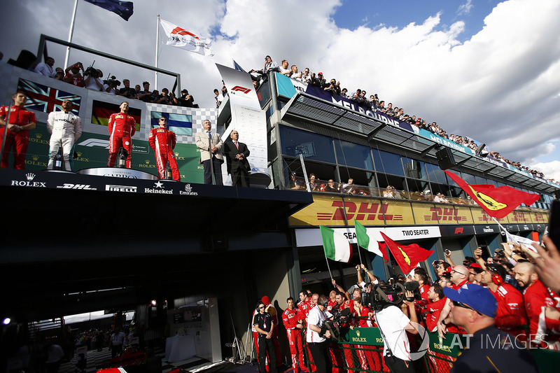 Lewis Hamilton, Mercedes-AMG F1, Sebastian Vettel, Ferrari and Kimi Raikkonen, Ferrari celebrate on