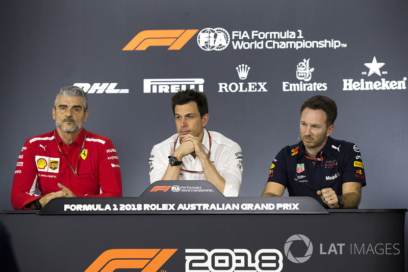 Maurizio Arrivabene, Ferrari Team Principal, Toto Wolff, Mercedes AMG F1 Director of Motorsport, Christian Horner, Red Bull Racing Team Principal