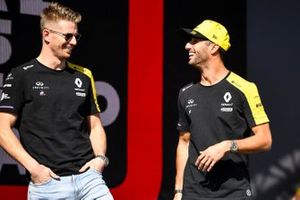 Nico Hulkenberg, Renault F1 Team and Daniel Ricciardo, Renault on the stage at the Fan Zone