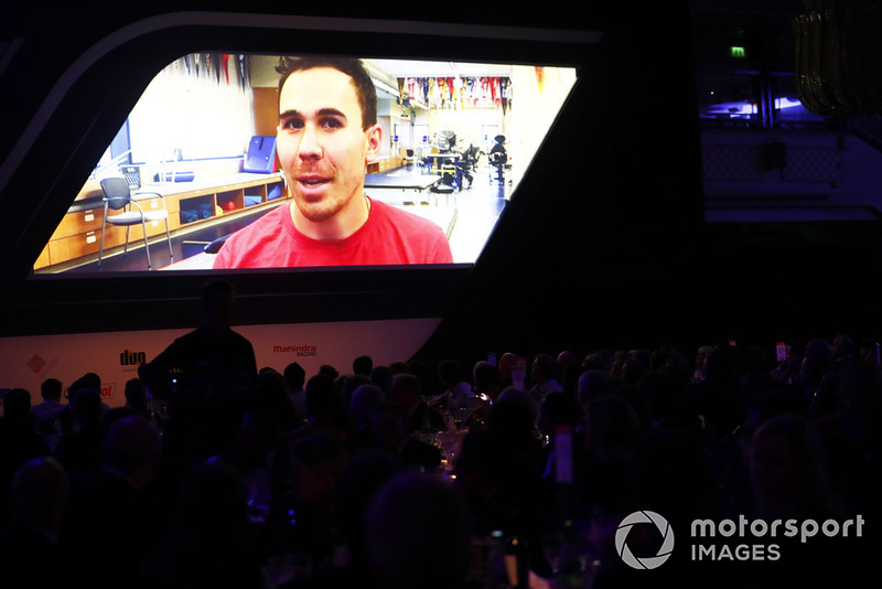 Injured Indycar driver Robert Wickens appears on video link as a nominee in the Rookie of the Year award