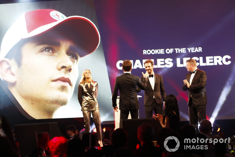 Rookie of the Year award winner Charles Leclerc on stage with Jean-Eric Vergne