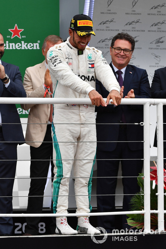 Lewis Hamilton, Mercedes AMG F1 celebrates on the podium 