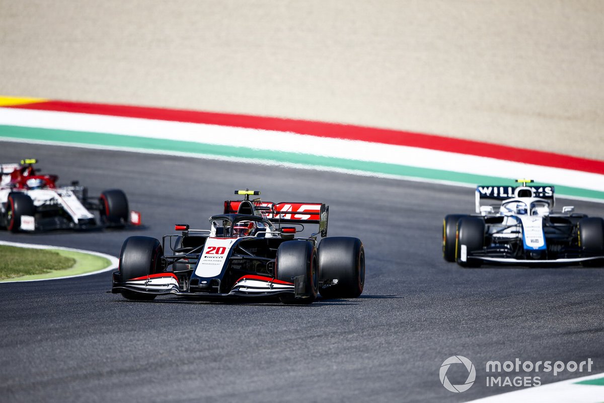 Kevin Magnussen, Haas VF-20, Nicholas Latifi, Williams FW43, and Antonio Giovinazzi, Alfa Romeo Racing C39