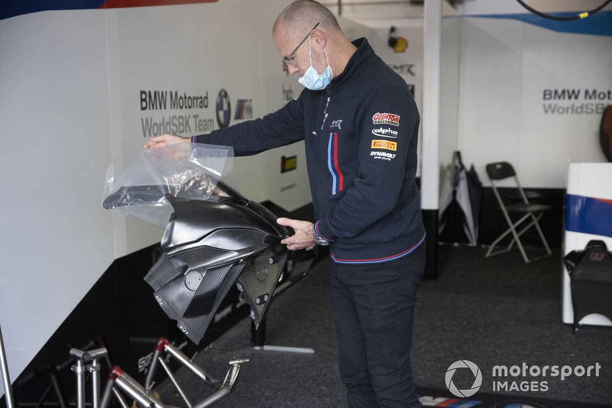 Shaun Muir, BMW Motorrad WorldSBK Team holding the new front fairing for the BMW S1000RR for next year