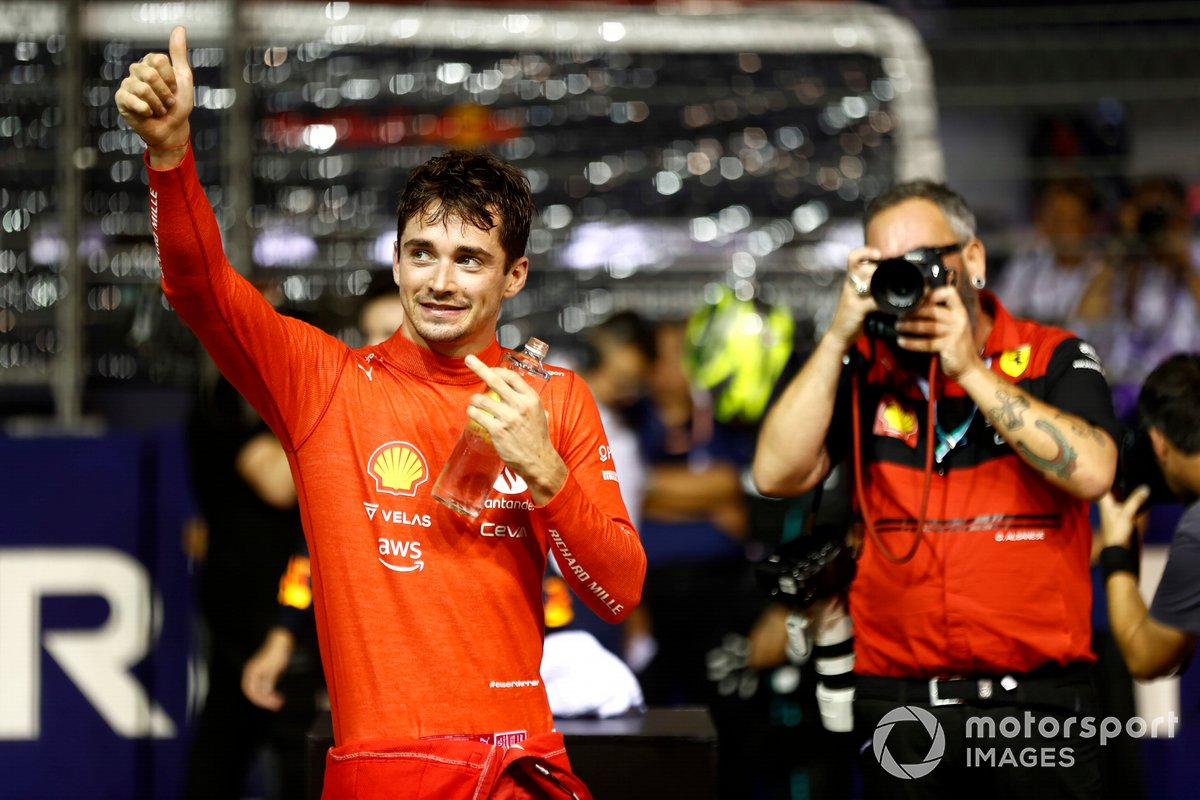Charles Leclerc, Ferrari, festeggia la pole position