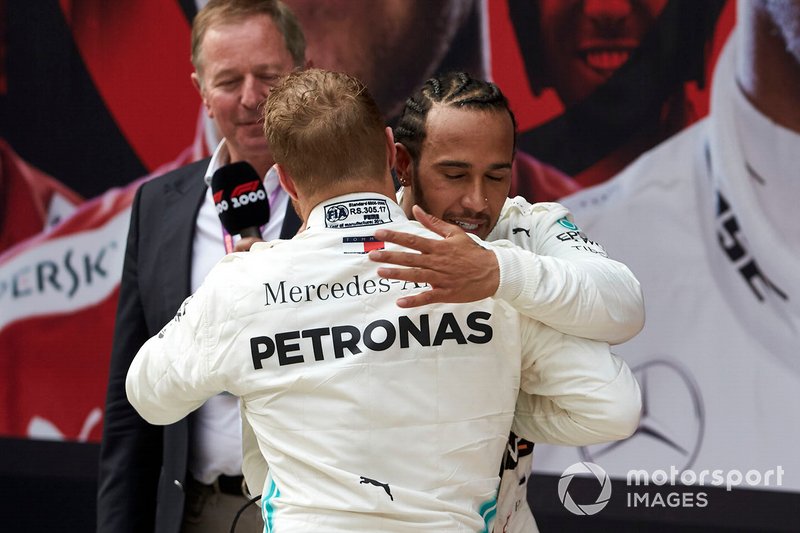 Valtteri Bottas, Mercedes AMG F1, 2nd position, and Lewis Hamilton, Mercedes AMG F1, 1st position, congratulate each other in Parc Ferme