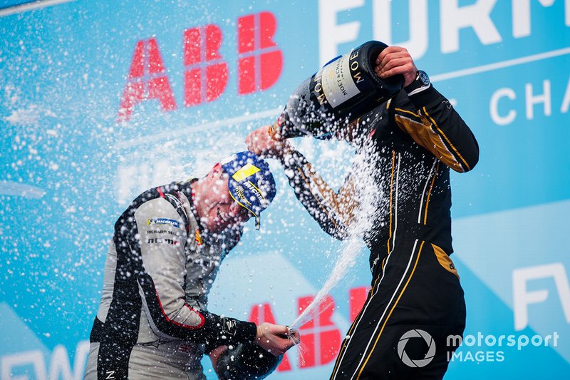 Jean-Eric Vergne, DS TECHEETAH, 1st position, Oliver Rowland, Nissan e.Dams, 2nd position, celebrate on the podium