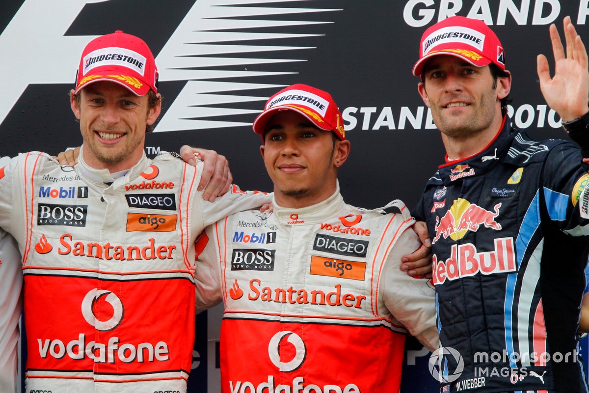 Podium: Race winner Lewis Hamilton, McLaren, second place Jenson Button, McLaren, third place Mark Webber, Red Bull Racing