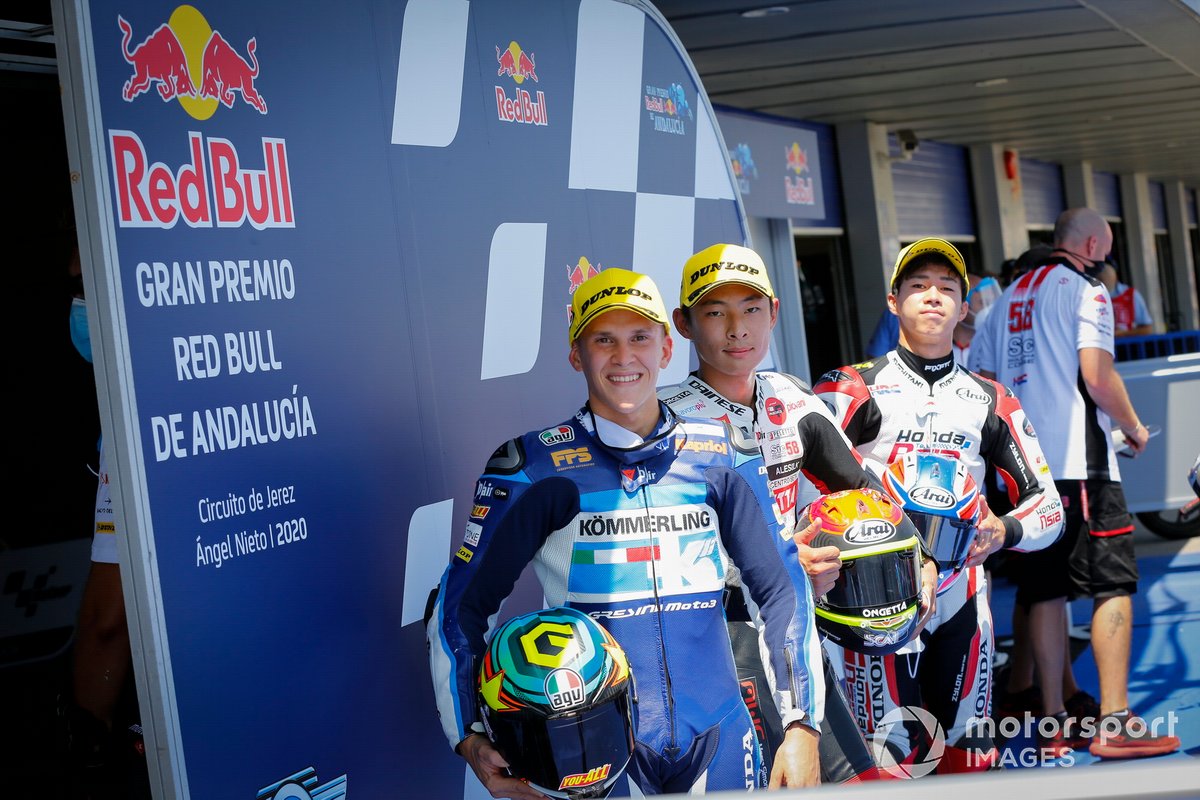 Top 3 tras la Q2: Gabriel Rodrigo, Gresini Racing, Tatsuki Suzuki, SIC58 Squadra Corse, Ai Ogura, Honda Team Asia