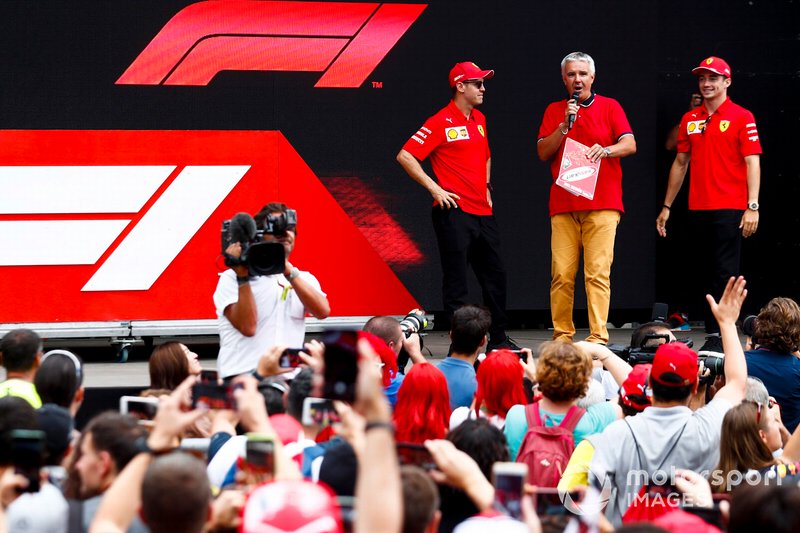 Sebastian Vettel, Ferrari and Charles Leclerc, Ferrari on stage in the fan zone