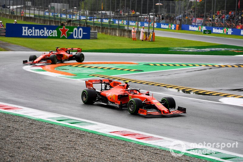 Charles Leclerc, Ferrari SF90 leads Sebastian Vettel, Ferrari SF90 