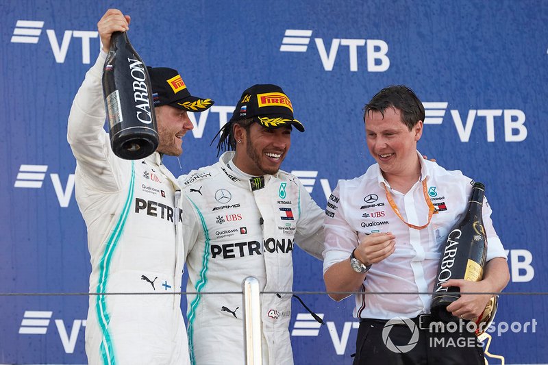 Valtteri Bottas, Mercedes AMG F1, 2nd position, Lewis Hamilton, Mercedes AMG F1, 1st position, and Fred Judd, Chief Engineer Trackside, Mercedes AMG F1, on the podium