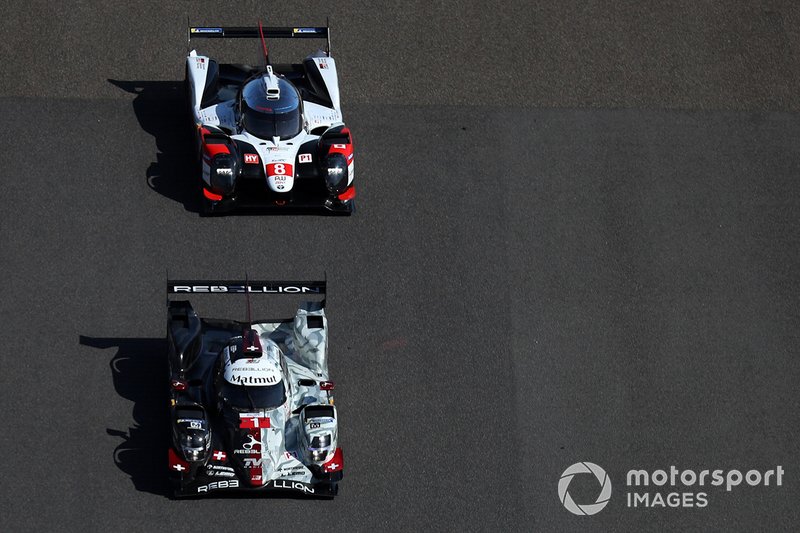 #1 Rebellion Racing Rebellion R-13 - Gibson: Bruno Senna, Gustavo Menezes, Norman Nato, #8 Toyota Gazoo Racing Toyota TS050: Sébastien Buemi, Kazuki Nakajima, Brendon Hartley