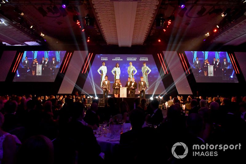 BRDC Racing Driver of the Year genomineerden Enaam Ahmed, Jamie Chadwick, Jonathan Hoggard en Ayrton Simmons