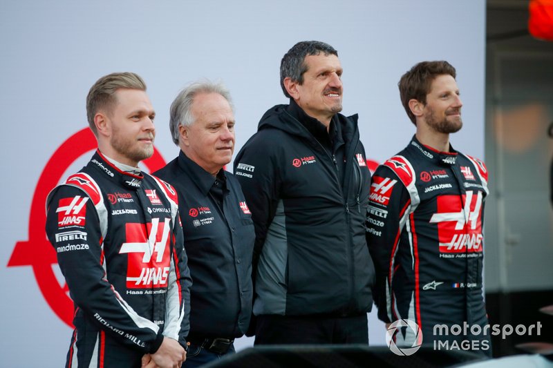 Kevin Magnussen, Haas F1 Team, Gene Haas, Owner and Founder, Haas F1 Team, Guenther Steiner, Team Principal, Haas F1 Team and Romain Grosjean, Haas F1 Team