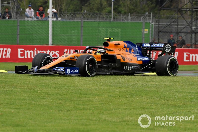 Lando Norris, McLaren MCL34, on the grass